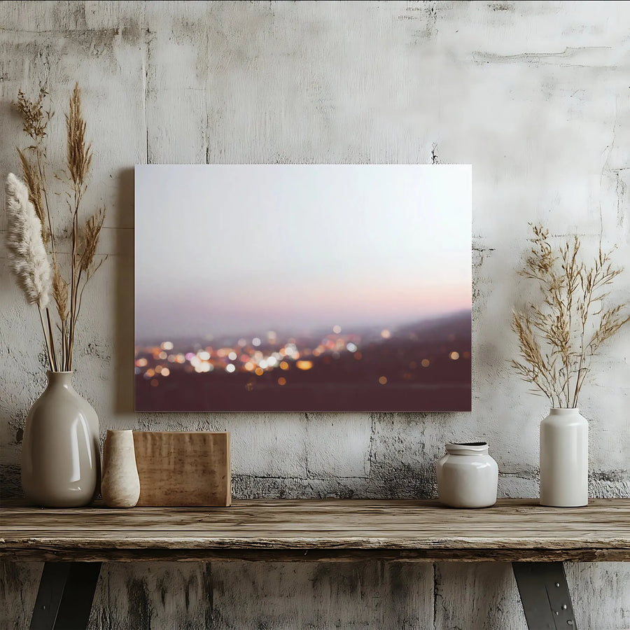 Abstract City Bokeh Horizontal Canvas | Dreamy Dusk Landscape with Warm Glowing Lights | Premium 1.25" Gallery Wrap | Modern Living Room Wall Art Gift