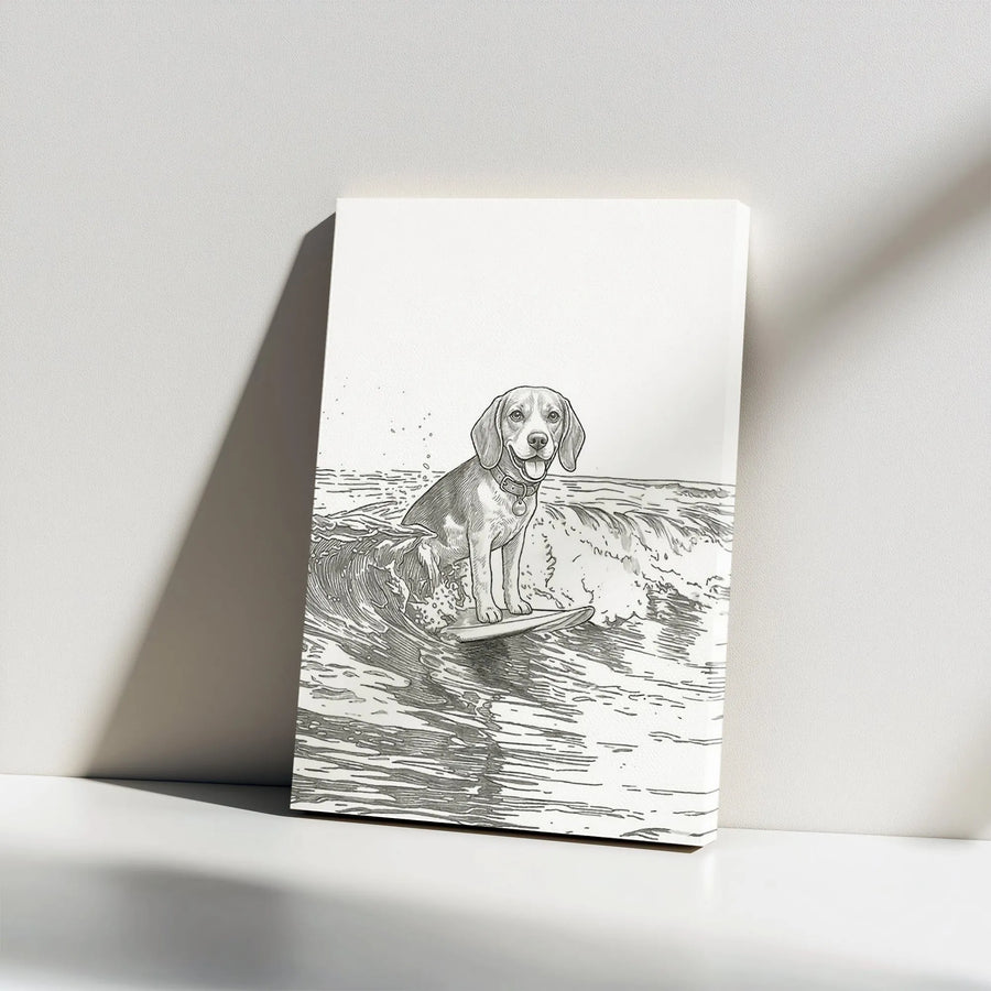 Surfing Beagle Canvas Wall Art | Minimalist Surfer Dog Line Art | Premium Frameless Print | Gift for Dog Lover, Coastal Home Decor