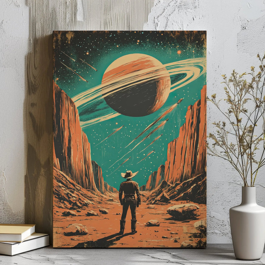 Retro Sci-Fi Cowboy Canvas Print | Cosmic Western Planet Wall Art | Premium 1.25 inch Gallery Wrap | Space Explorer Home Decor Gift