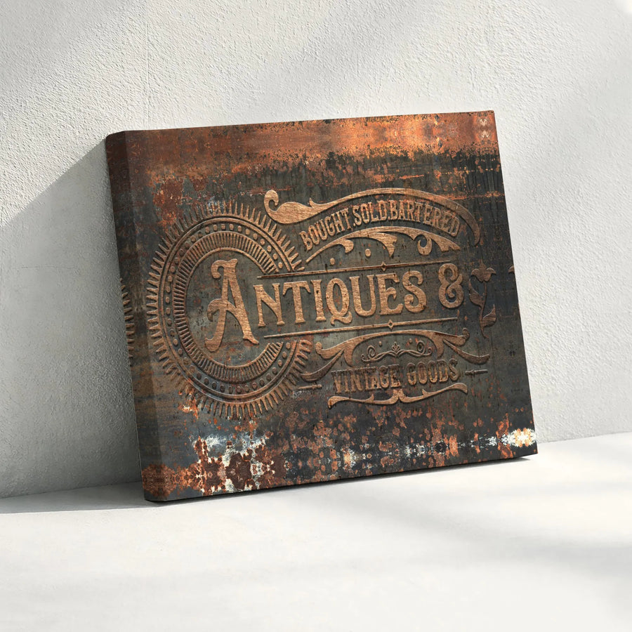 Vintage Antiques Sign Canvas Art | Rusted Metal Industrial Print with 3D Embossed Look | Premium Gallery Wrapped Canvas | Rustic Farmhouse Decor Gift