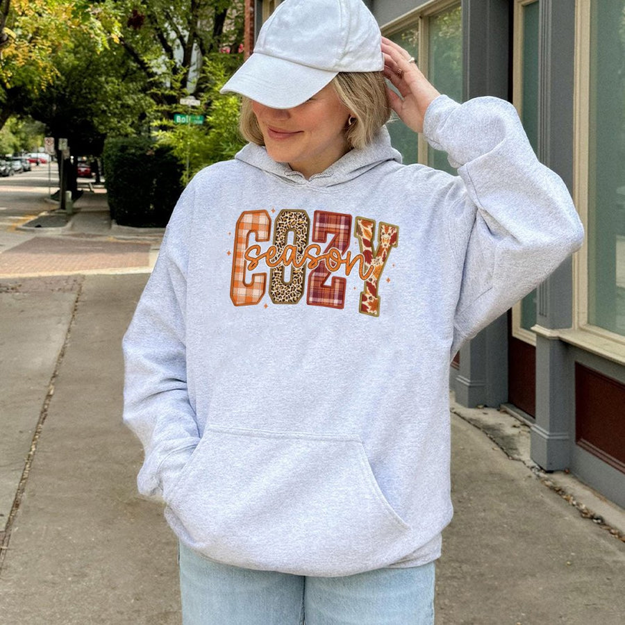 Cozy Season Hoodie | Plaid and Leopard Fall Graphic Design | Premium Cotton Blend | Gift for Her Autumn Sweatshirt