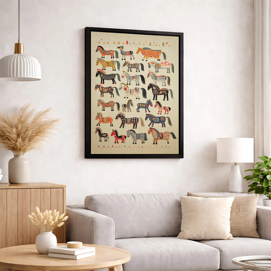 Scandinavian Folk Art Horse Canvas | Colorful Dala Horse Wall Decor | Premium Fade-Resistant Print | Bohemian Nursery or Home Gift