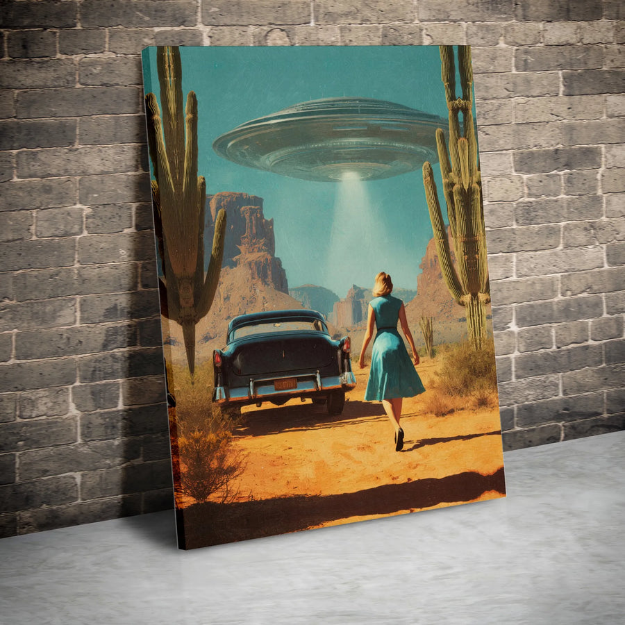 Retro Alien UFO Canvas | 1950s Desert Sci-Fi Art | Premium 1.25-Inch Gallery Wrap | Vintage Sci-Fi Wall Decor for Living Room or Office