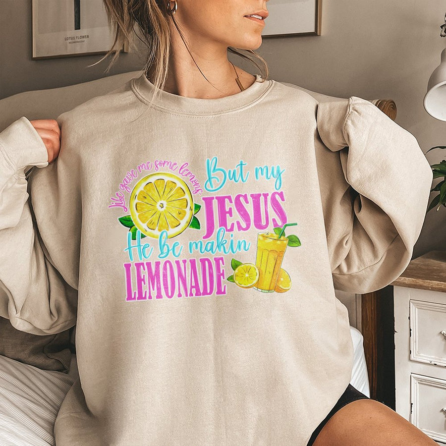 Jesus Lemonade Sweatshirt | Christian Faith Quote Graphic Tee | Premium Cotton Blend Crewneck | Religious Gift for Women and Men