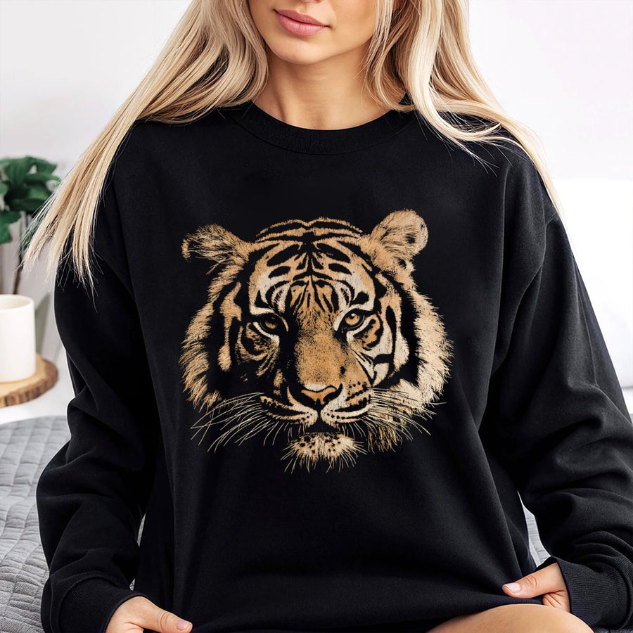 Retro Tiger Sweatshirt | Aesthetic Wildlife Graphic Print | Premium Cotton Blend Cozy Crewneck | Trendy Nature Lover Gift for Her & Him