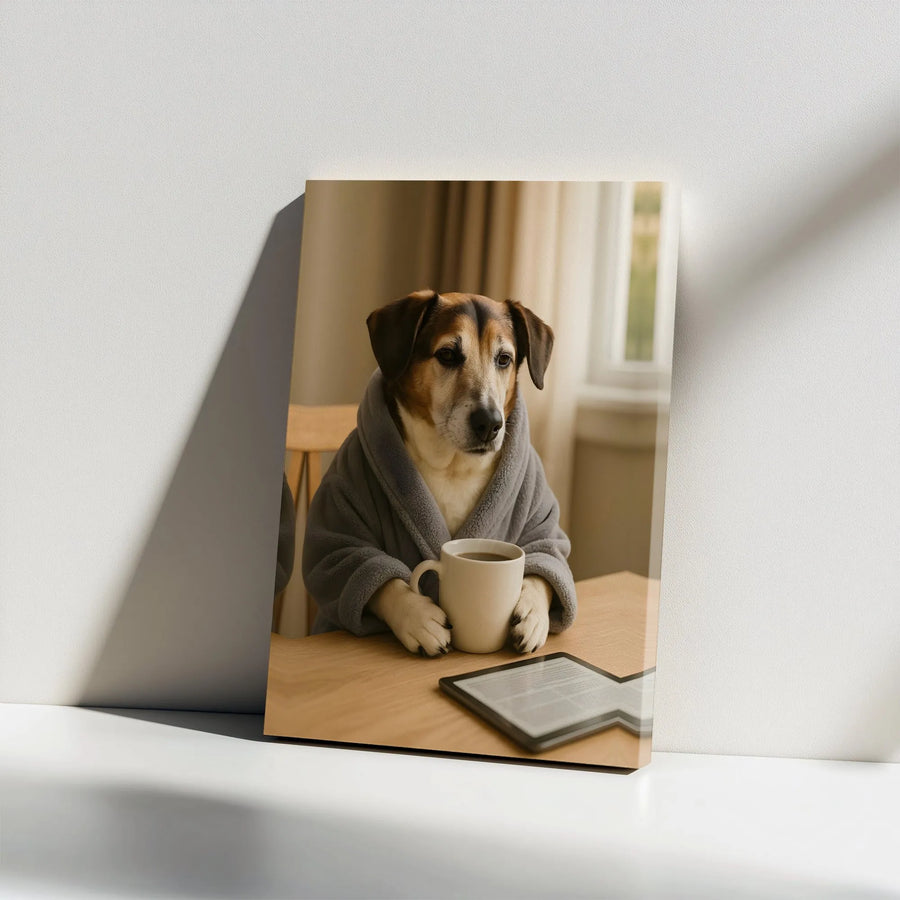 Dog in Bathrobe Coffee Canvas Wall Art | Whimsical Morning Coffee Drinking Dog | Premium Gallery-Wrap Canvas | Funny Animal Home Decor Gift for Dog Lovers