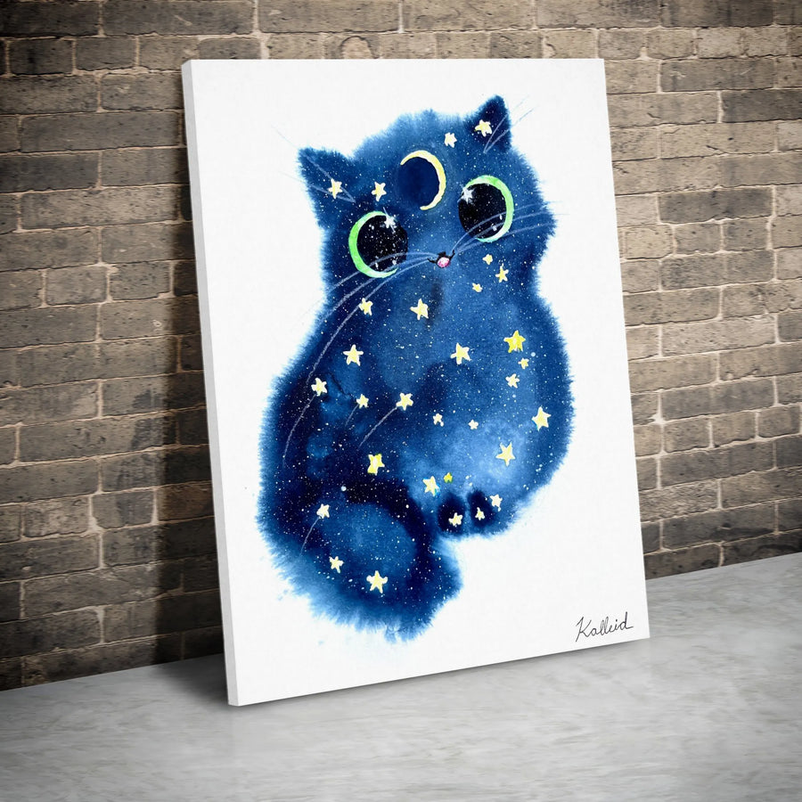 Cosmic Galaxy Cat Canvas Wall Art | Celestial Watercolor Kitten Print | Premium Gallery Wrapped Decor | Whimsical Space Gift for Cat Lovers
