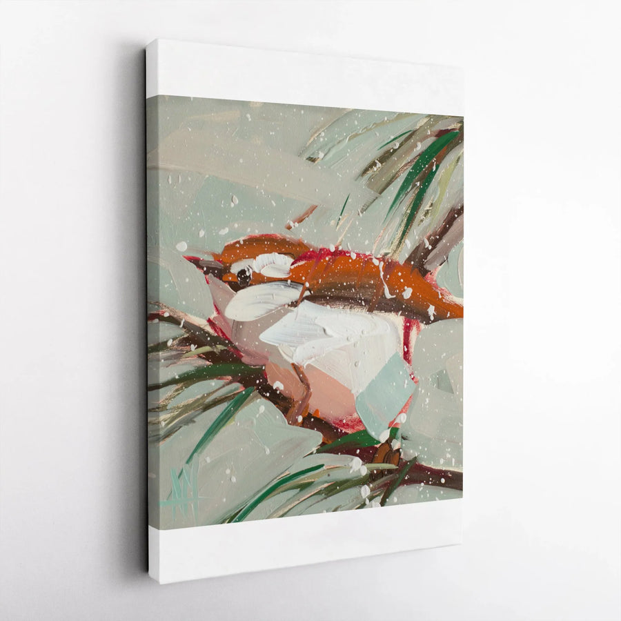 Carolina Wren Canvas Wall Art | Abstract Winter Bird Painting on Pine Branch | Premium 1.25" Thick Gallery Wrap | Nature Lover Home Decor Gift for Bird Watcher