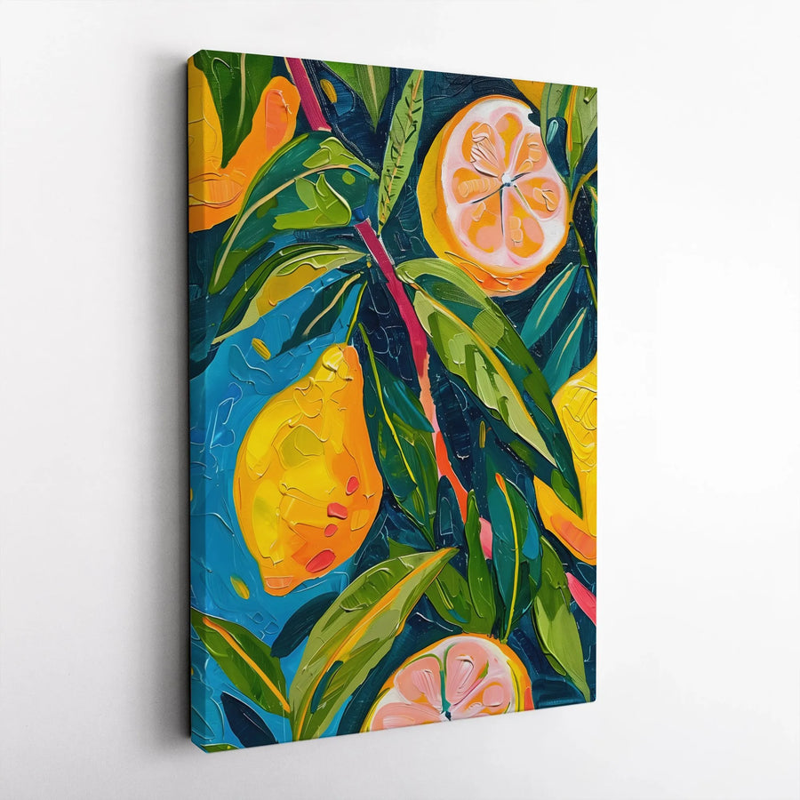 Lemon Wall Art Canvas | Abstract Citrus Fruit Oil Painting Style | Premium Gallery Wrap 1.25 Inch Profile | Kitchen Decor Housewarming Gift