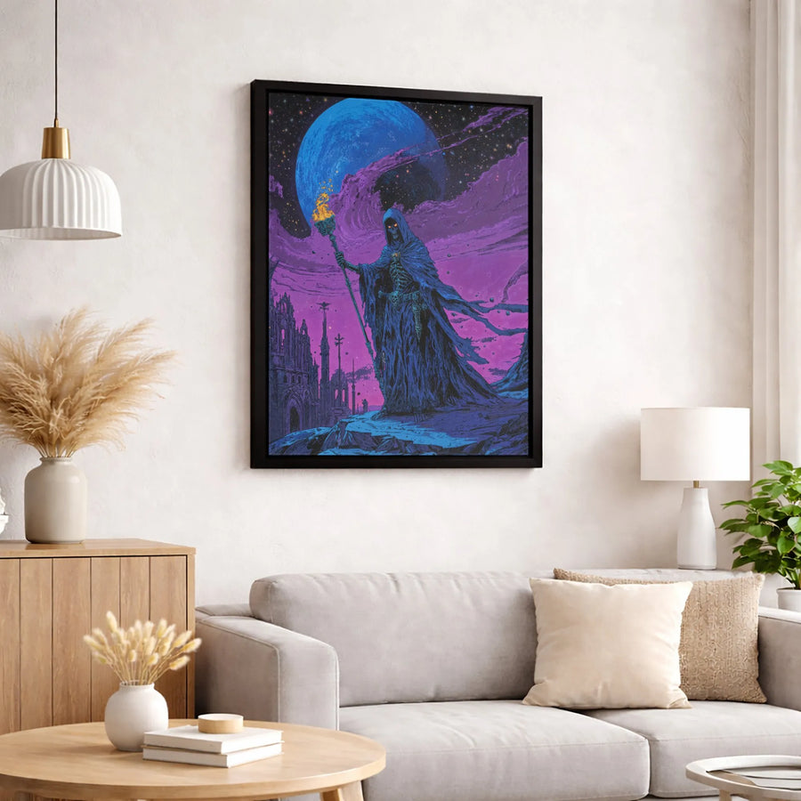 Dark Fantasy Canvas Wall Art | Skeletal Lich with Flaming Staff in Cosmic Ruined City | Premium Fade-Resistant Print | Gothic Home Decor Gift