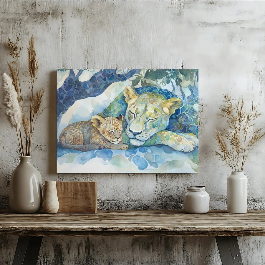 Sleeping Lioness and Cub Canvas Wall Art | Watercolor Mosaic Wildlife Print | Premium 1.25-Inch Gallery Wrap | Nursery and Home Decor Gift