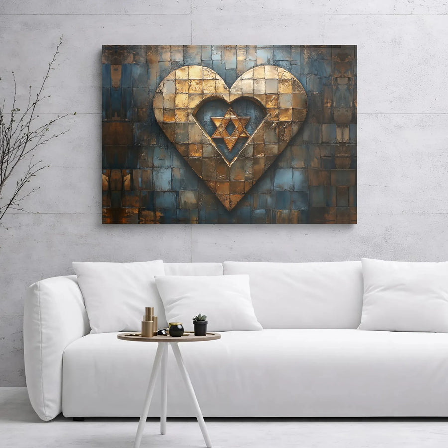 Star of David Wall Art | Abstract Mosaic Golden Heart Canvas | Premium 1.25-Inch Gallery Wrap | Jewish Home Decor and Spiritual Gift