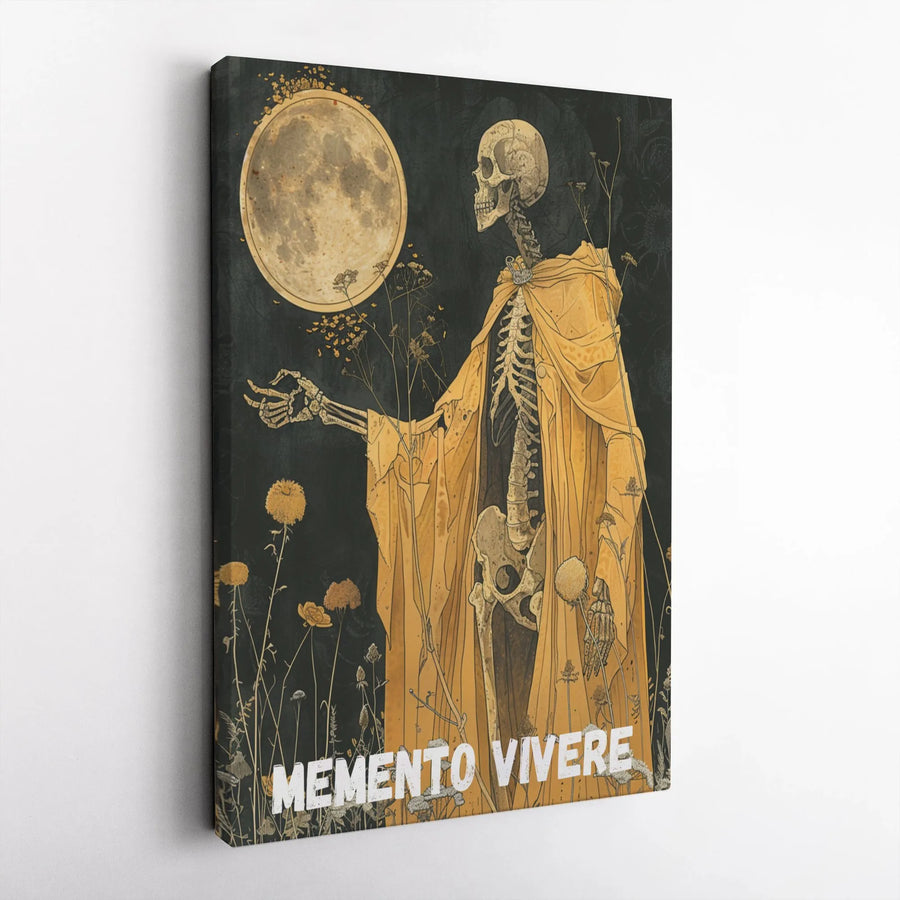 Memento Vivere Skeleton Canvas Art | Gothic Full Moon Illustration | Premium Fade-Resistant Gallery Wrap | Dark Academia Home Decor Gift
