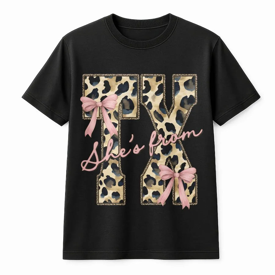 Texas T-Shirt for Women | Coquette Leopard Print with Pink Bow | Premium Soft Cotton Blend | She's From Texas Southern Girl Gift