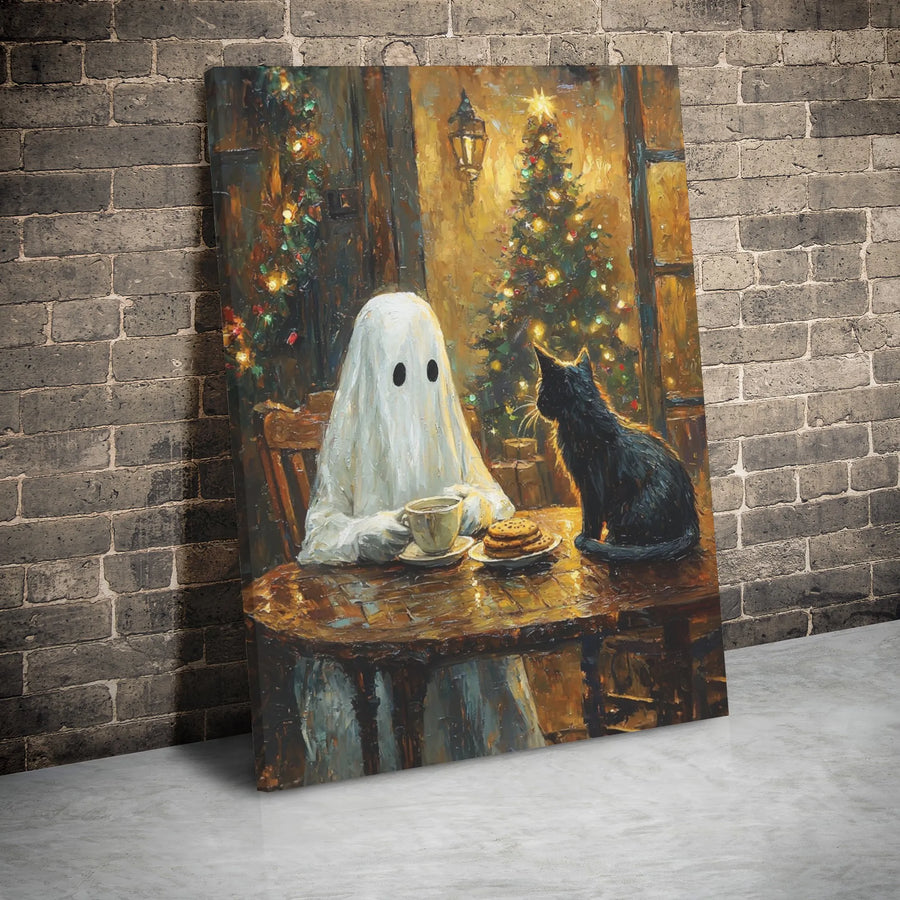 Ghost and Black Cat Christmas Canvas Art | Cozy Holiday Coffee Painting | Gallery-Wrapped Premium Wall Decor | Whimsical Winter Home Gift