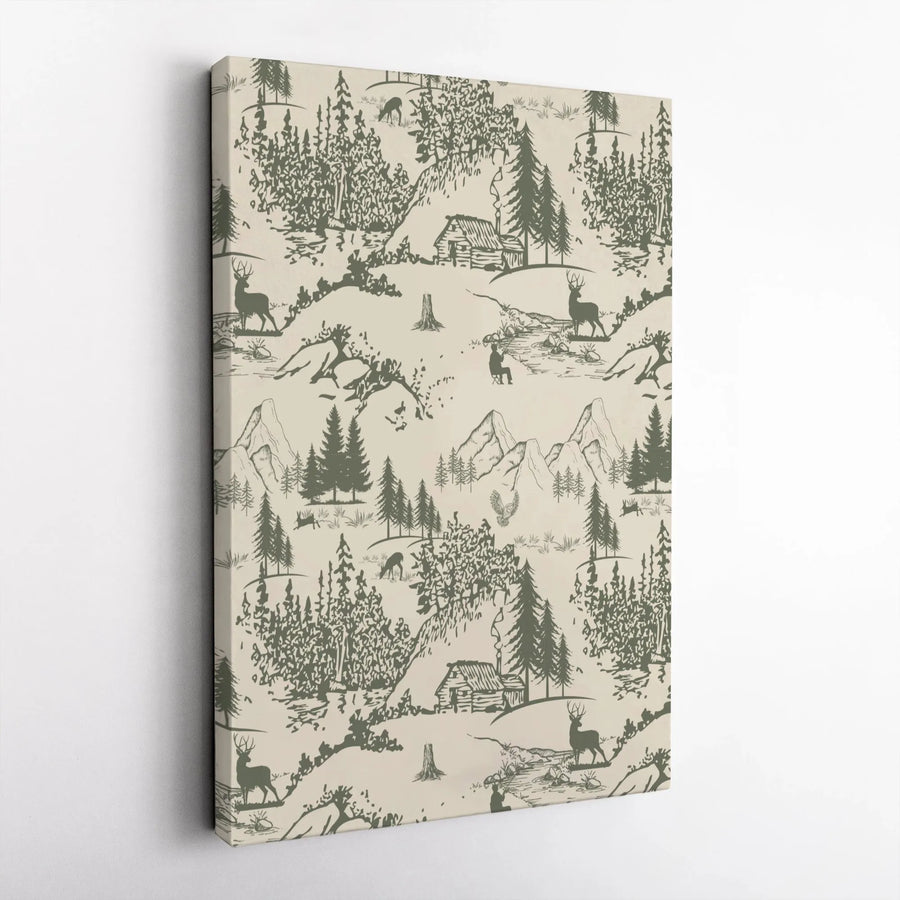Rustic Forest Toile Canvas Wall Art | Deer And Cabin Mountain Landscape | 1.25 Inch Premium Gallery Wrap | Nature Inspired Gift For Cabin Decor