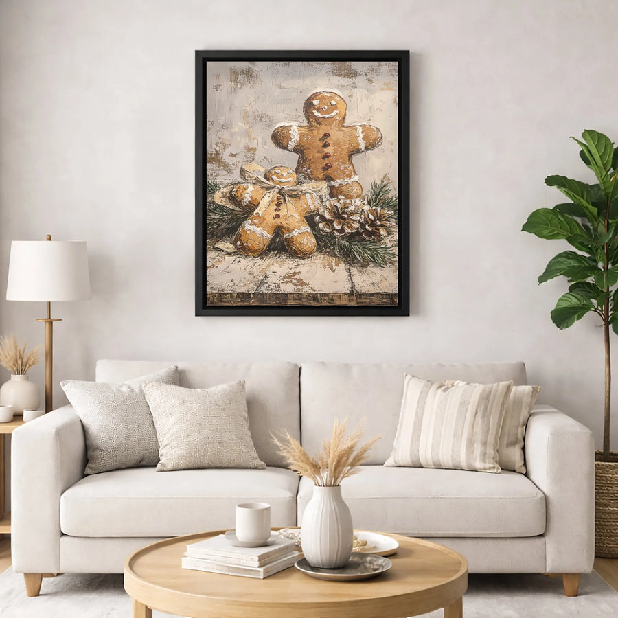 Gingerbread Men Christmas Canvas Wall Art | Rustic Impasto Winter Kitchen Decor | Premium Fade-Resistant Print | Festive Holiday Gift for Home