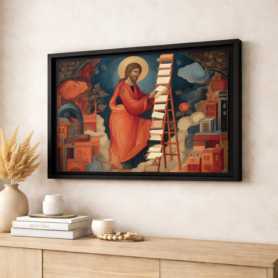 Jesus Christ Writing on Ladder Byzantine Icon | Religious Wall Art | Premium Gallery Wrapped Canvas | Christian Home Decor Gift