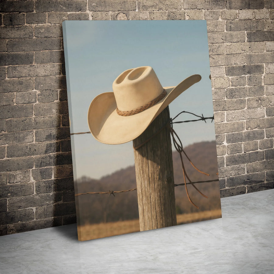 Western Cowboy Hat Canvas Print | Rustic Barbed Wire Fence Art | Premium Gallery Wrapped Wall Decor | Farmhouse Living Room Gift for Him