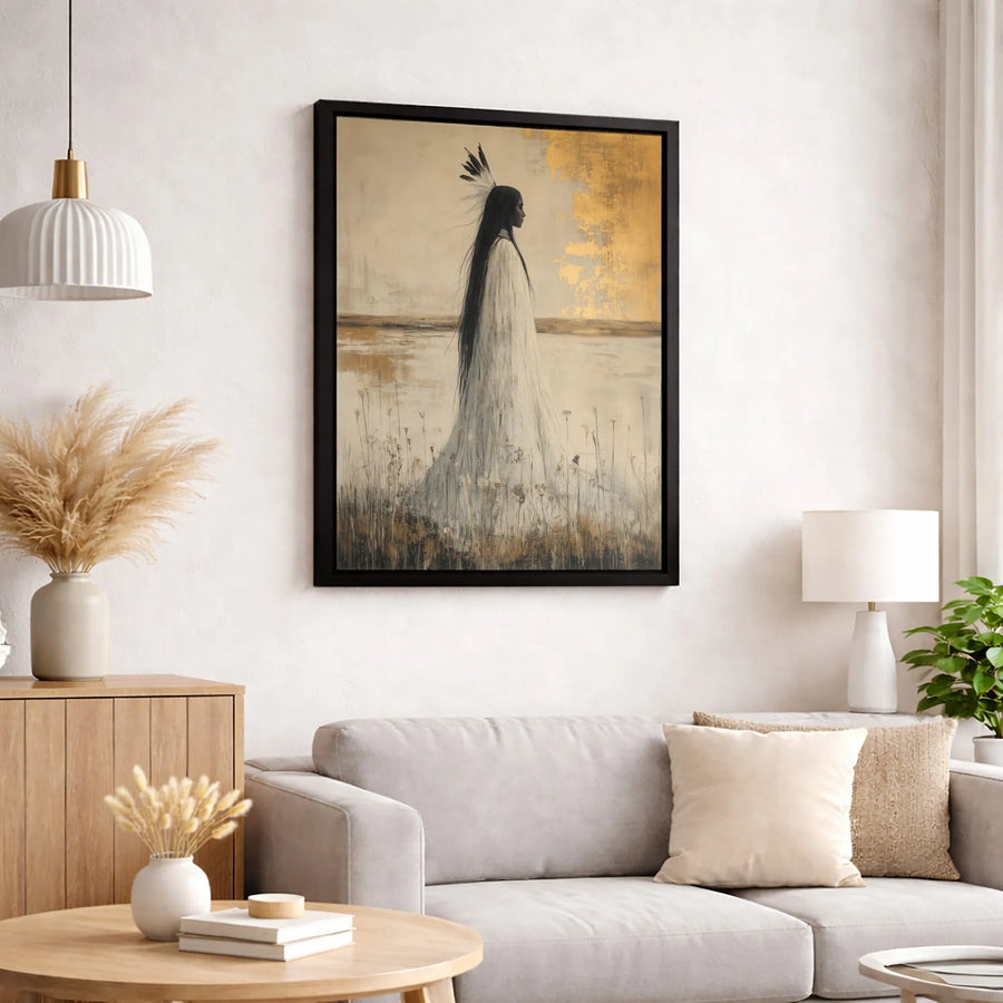 Native American Woman Wall Art | Abstract Gold Leaf Canvas Print | Premium Gallery Wrap Decor | Southwestern Spiritual Home Gift