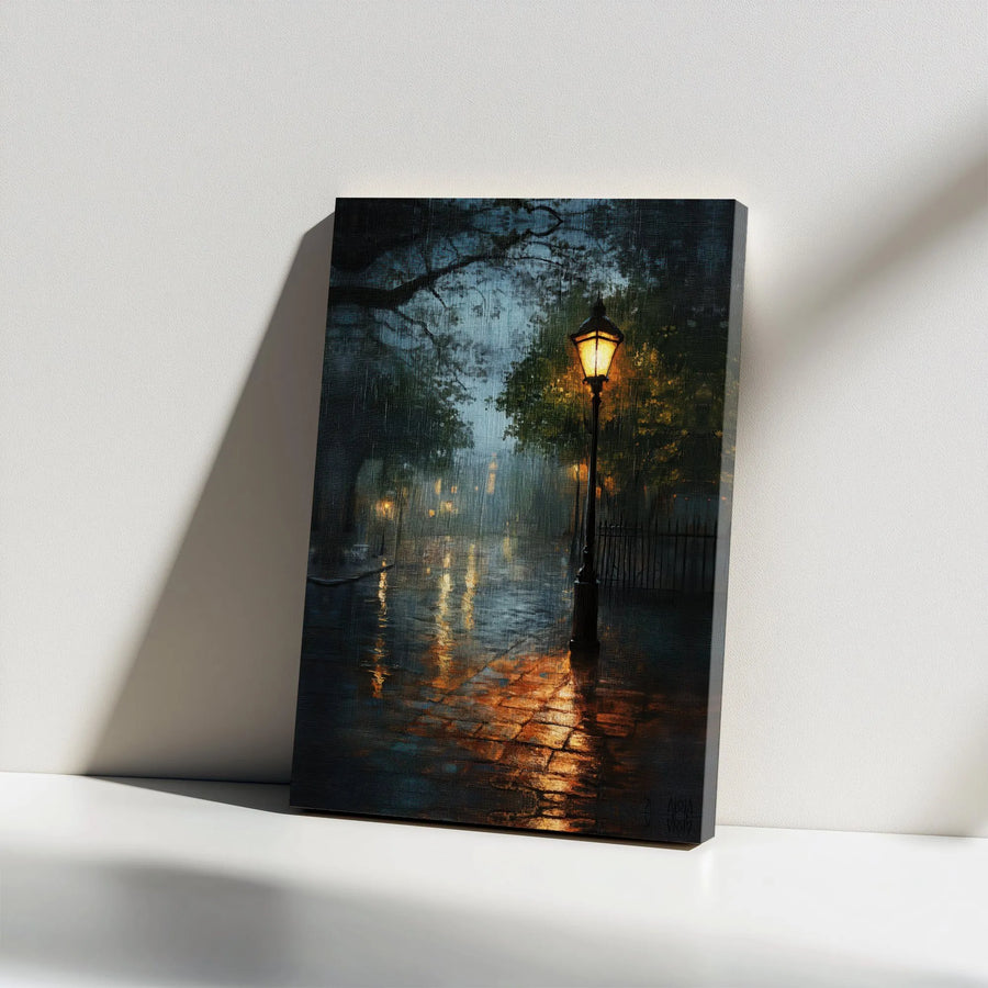 Rainy Night Street Canvas Print | Impressionist Gas Lamp Painting with Reflections | Premium 1.25" Thick Gallery Wrapped Wall Art | Moody Living Room Decor Gift