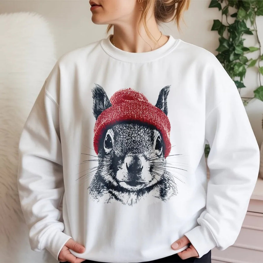 Squirrel Sweatshirt | Retro Wildlife Art with Red Beanie | Cozy Cotton Blend Pullover | Gift for Animal Lover