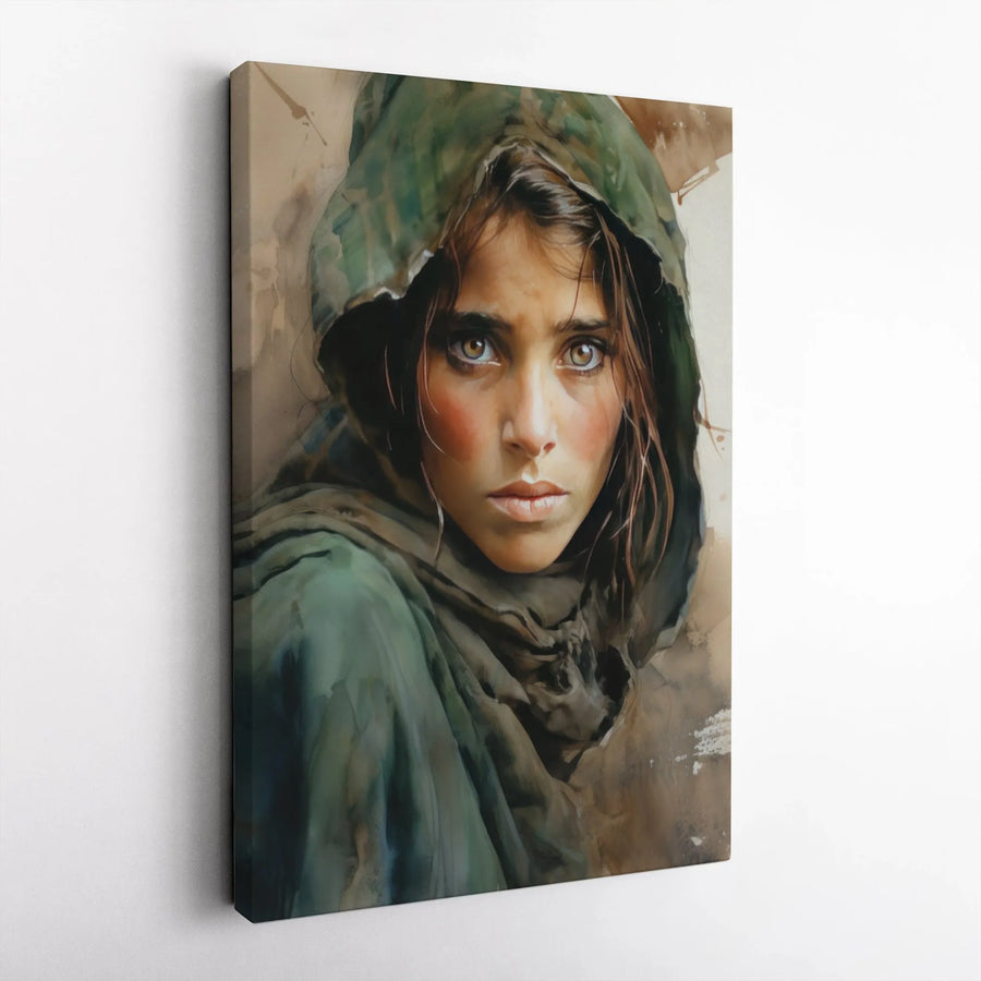 Girl Portrait Canvas Print | Intense Eyes Watercolor Wall Art | Premium Fade-Resistant Gallery Wrap | Modern Home Decor for Living Room