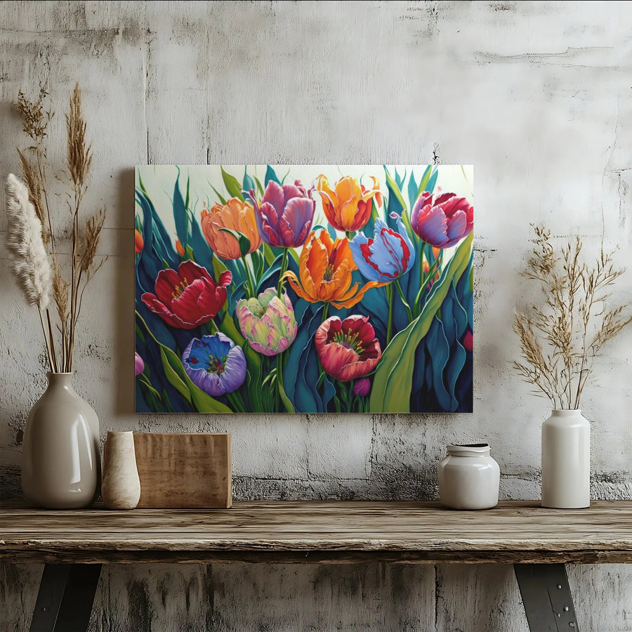 Colorful Tulip Canvas Wall Art | Vibrant Botanical Painting Print | Premium Gallery Wrapped Canvas | Living Room Wall Decor Gift