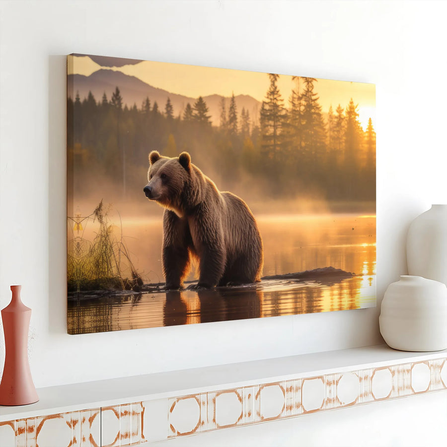 Grizzly Bear Canvas Wall Art | Misty Mountain Lake Scene at Sunrise | Premium Fade-Resistant Print | Rustic Cabin Decor Gift for Nature Lovers