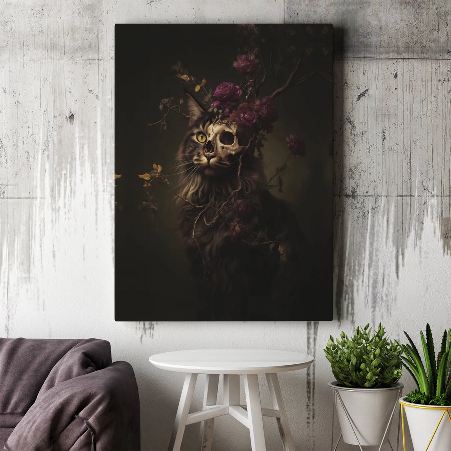 Gothic Cat Wall Art | Half Skull Floral Portrait | Premium 1.25-Inch Gallery Canvas | Moody Dark Academia Home Decor Gift