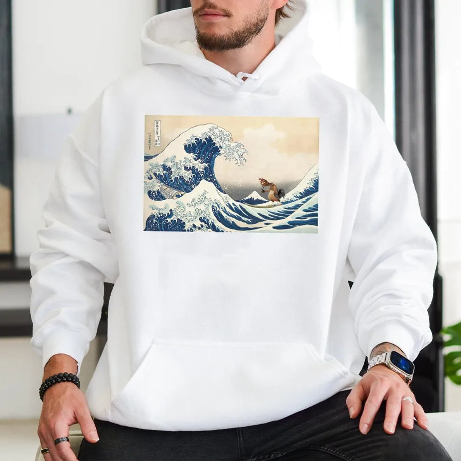 Japanese Art Wave Chicken Hoodie | Funny Rooster Surfing Graphic | Premium Cotton Blend | Unisex Streetwear Gift for Animal Lovers