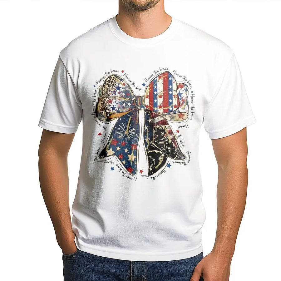 Patriotic Coquette T-Shirt | Honor The Brave American Flag Bow Graphic | Soft Unisex Crewneck | Memorial Day & 4th of July Military Gift