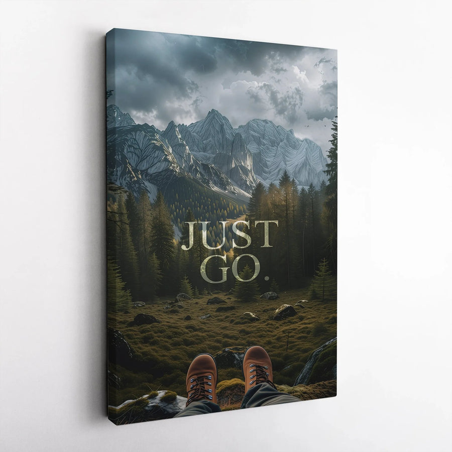 Just Go Mountain Landscape Canvas | POV Hiking Adventure Wall Art | Premium Gallery Wrap Decor | Adventure Gift for Hikers & Nature Lovers