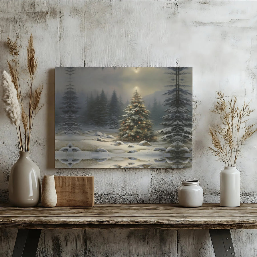 Winter Forest Christmas Tree Canvas | Snowy Landscape Wall Art | Gallery Wrapped Premium Print | Holiday Seasonal Home Decor Gift