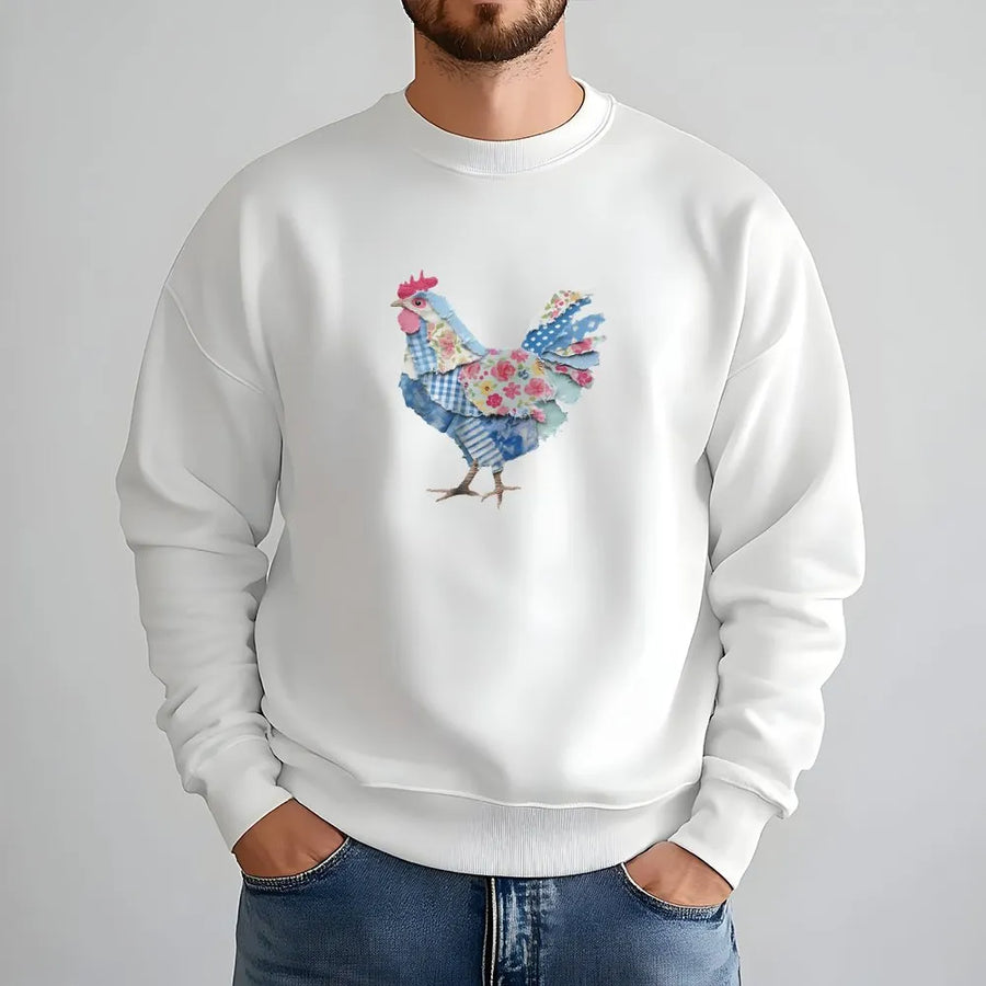 Farmhouse Chicken Sweatshirt | Rustic Faux Patchwork Hen Graphic | Soft Cotton Blend Pullover | Country Style Easter Gift for Women