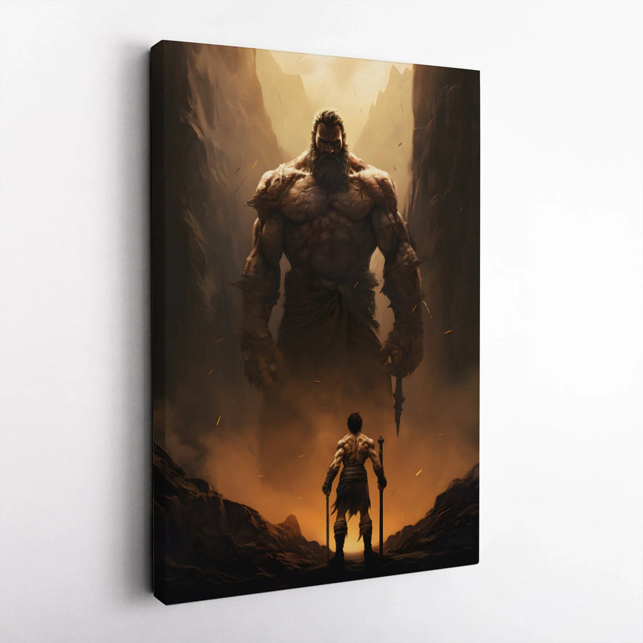 Warrior vs Giant Titan Fantasy Canvas Print | Epic Mythology Wall Art | Premium Gallery Wrap Decor | Gift for Gamer and Fantasy Lover