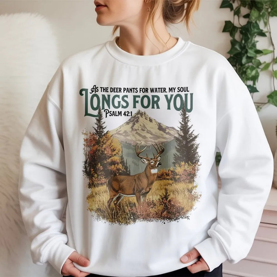 Psalm 42:1 Deer Hunting Sweatshirt | Mountain Forest Wildlife Graphic | Premium Cotton Blend | Christian Gift for Men & Hunters