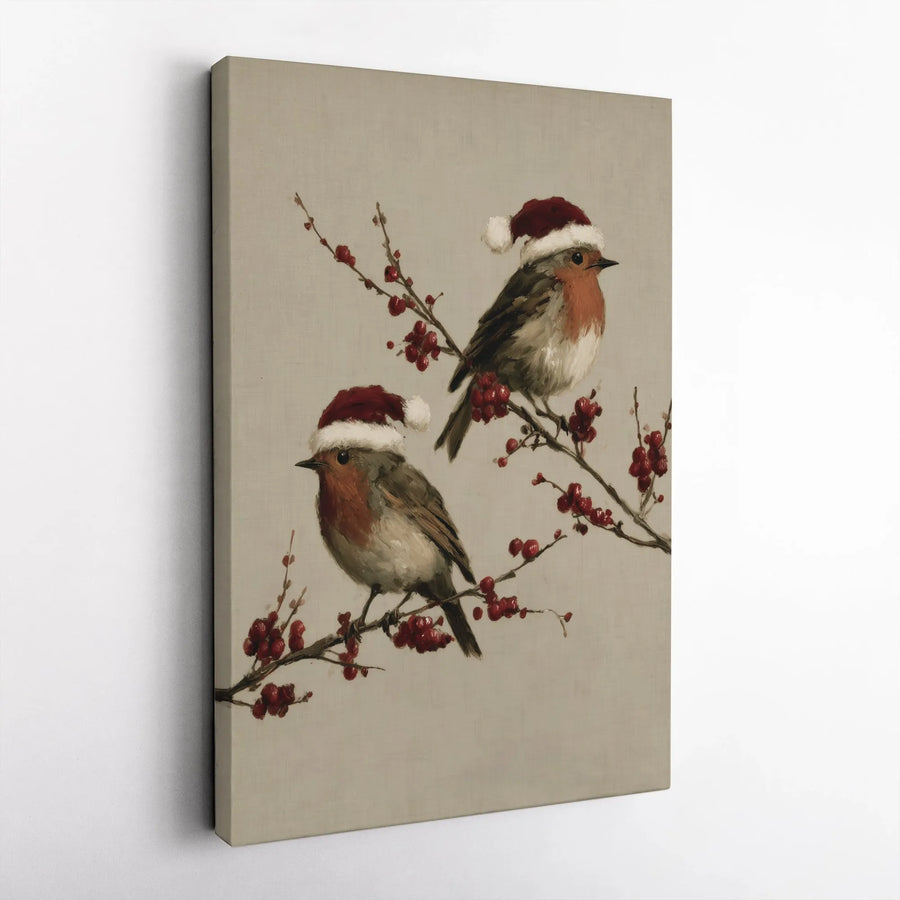 Christmas Robin Canvas Wall Art | Festive Birds in Santa Hats | Premium Gallery Wrapped Decor | Holiday Home & Winter Gift