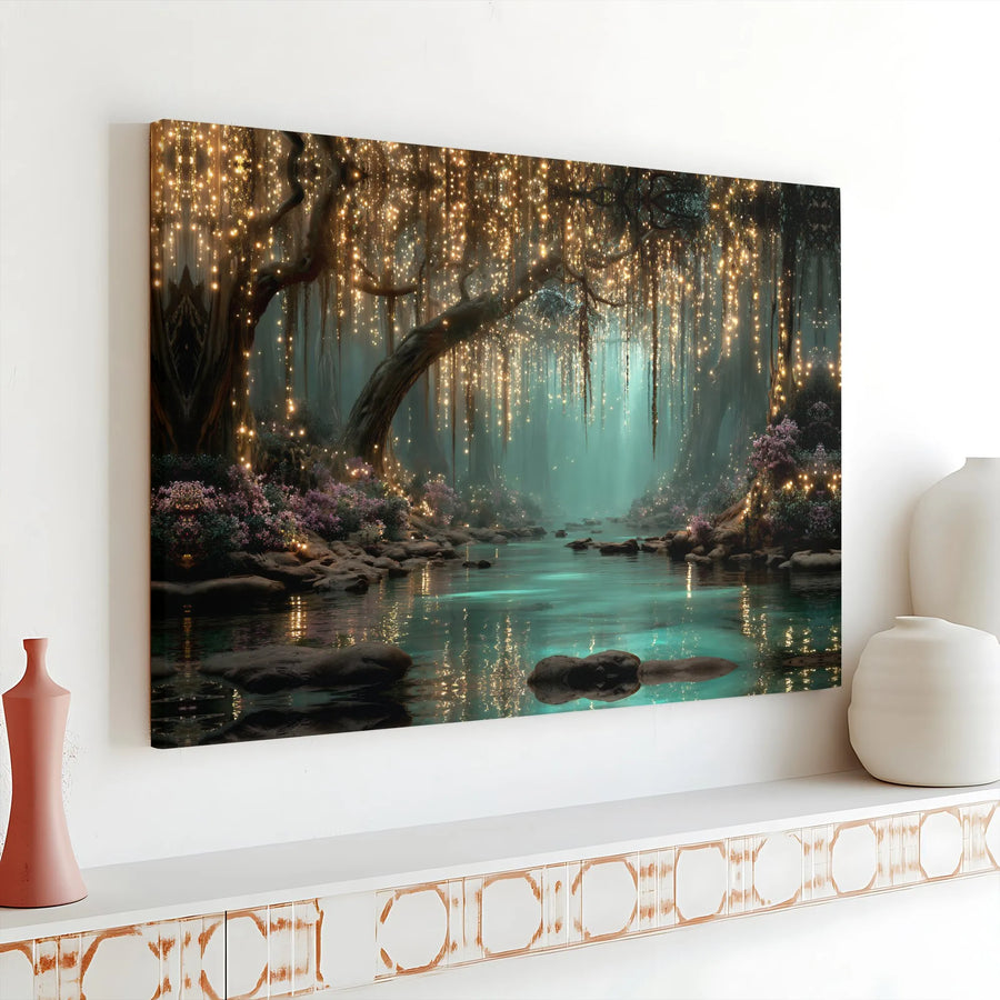 Enchanted Forest Canvas Wall Art | Magical River with Glowing Fairy Lights | Premium Thick Gallery Canvas | Living Room & Bedroom Decor Gift
