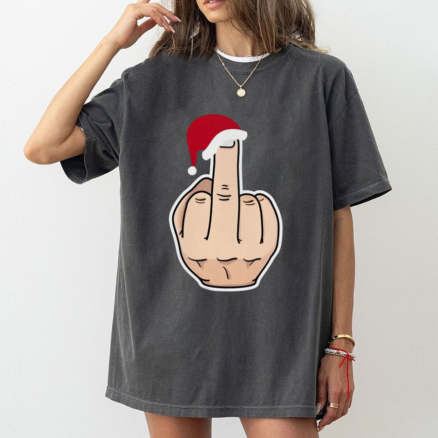 Funny Middle Finger Christmas T-Shirt | Sarcastic Santa Hat Graphic | 100% Cotton Premium Tee | Unisex Rude Holiday Gift For Men And Women