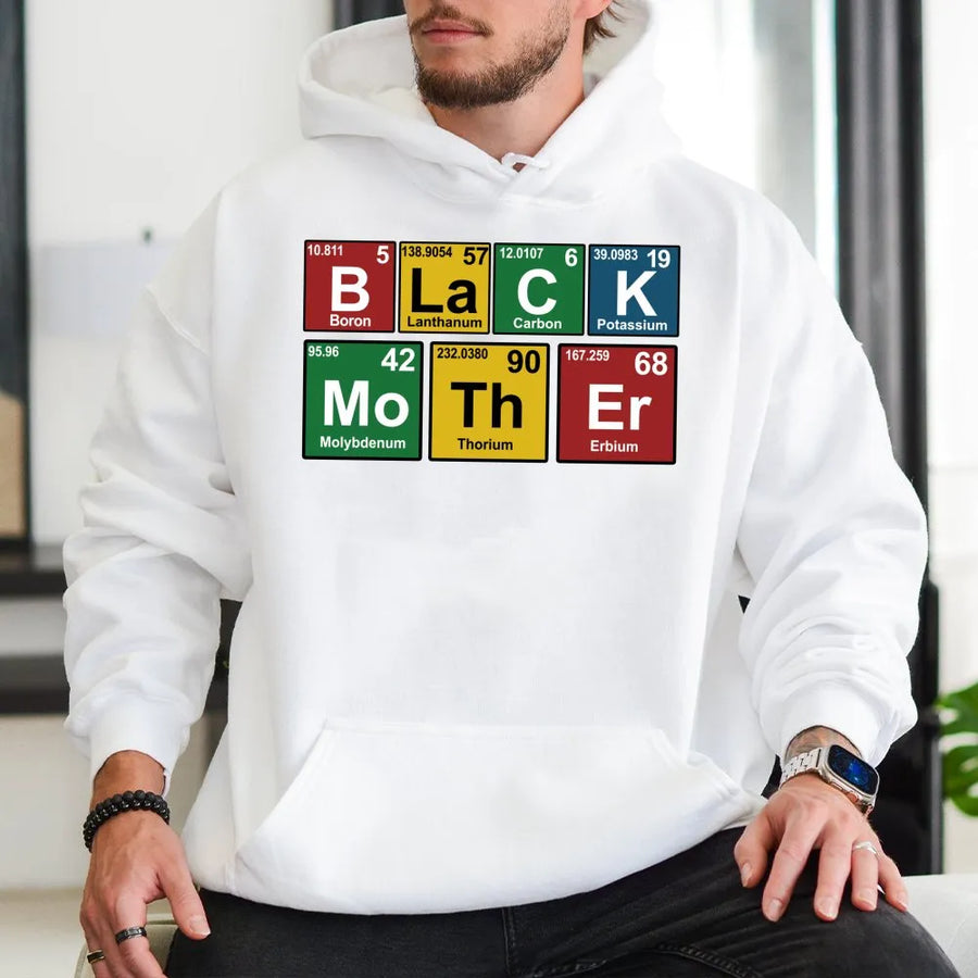Black Mother Hoodie | Periodic Table Chemistry Graphic | Premium Cotton Blend | Empowering Gift for Mom