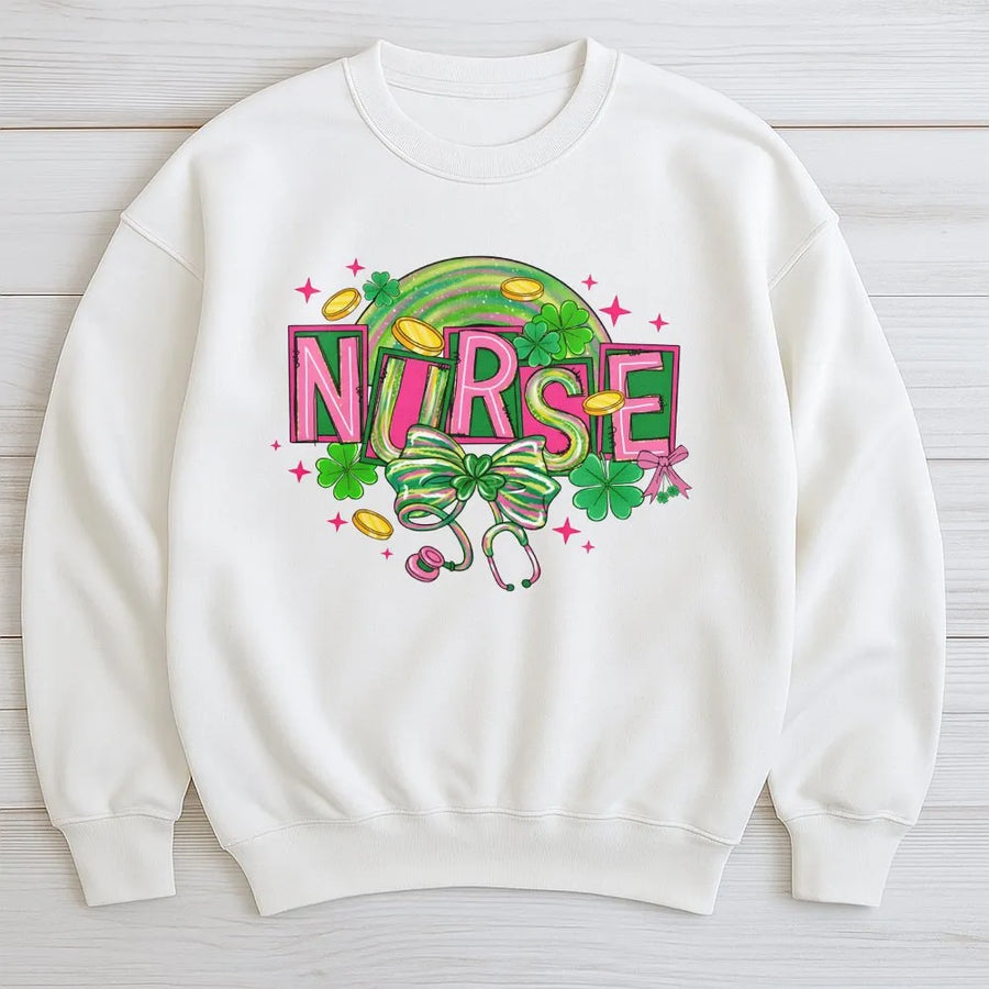 Nurse St Patrick's Day Sweatshirt | Retro Shamrock Stethoscope Bow Print | Premium Cotton Blend | Gift For Nurses And Nursing Students