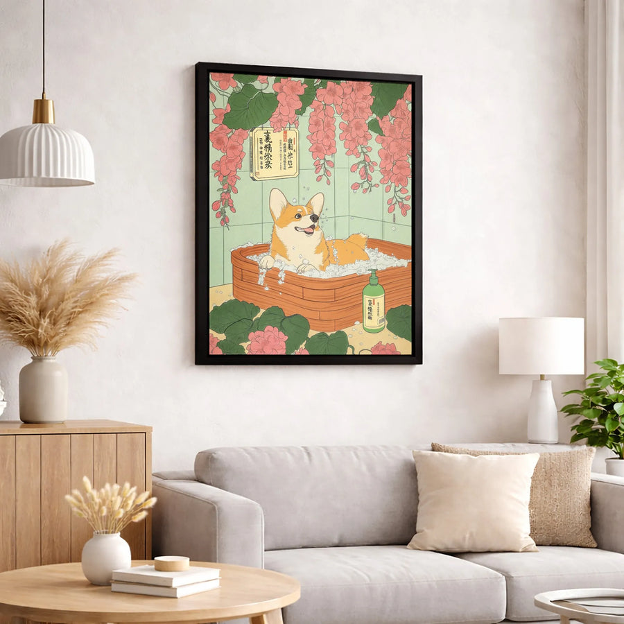 Corgi Canvas Wall Art | Japanese Ukiyo-e Style Bubble Bath Print | 1.25" Premium Gallery Wrap | Unique Dog Lover Gift Home Decor