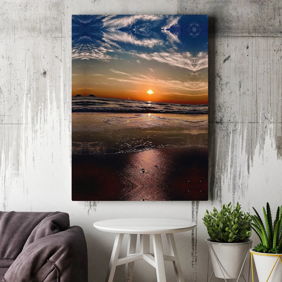 Ocean Sunset Beach Canvas Art | Mirrored Sky Reflections | Premium Gallery Wrap Wall Decor | Coastal Home Gift for Living Room