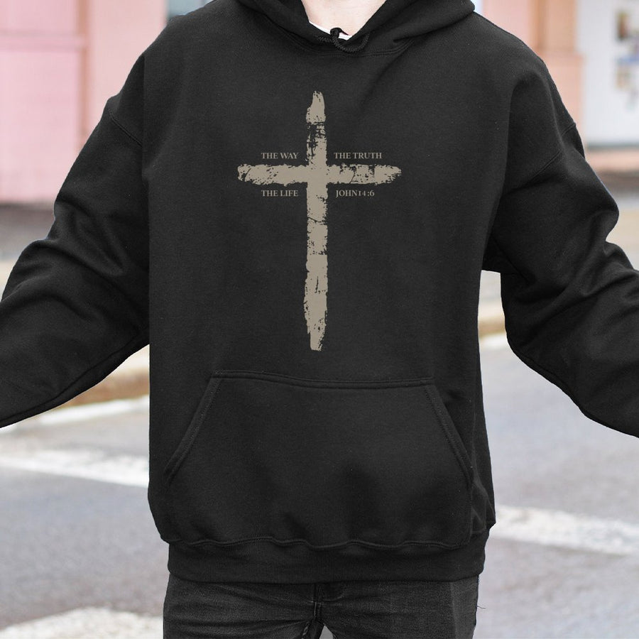 The Way The Truth The Life Hoodie | Distressed Cross Bible Verse Design | Premium Cotton-Poly Blend | Minimalist Christian Gift for Men and Women