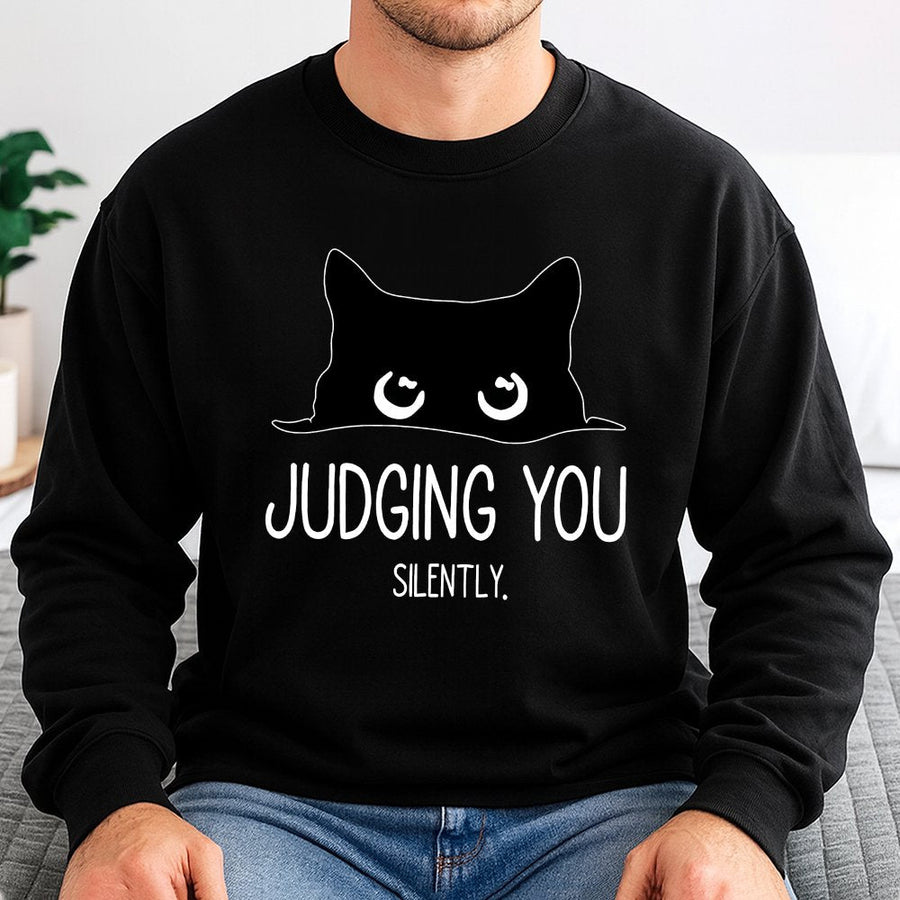 Judging You Silently Cat Sweatshirt | Peeking Black Cat Design | Premium Cotton Blend Crewneck | Funny Animal Lover Gift for Women & Men