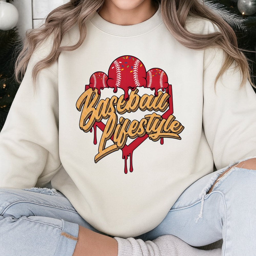 Baseball Lifestyle Sweatshirt | Melting Baseball Ice Cream Design | Cotton Blend Premium Crewneck | Unique Baseball Gift For Players & Fans