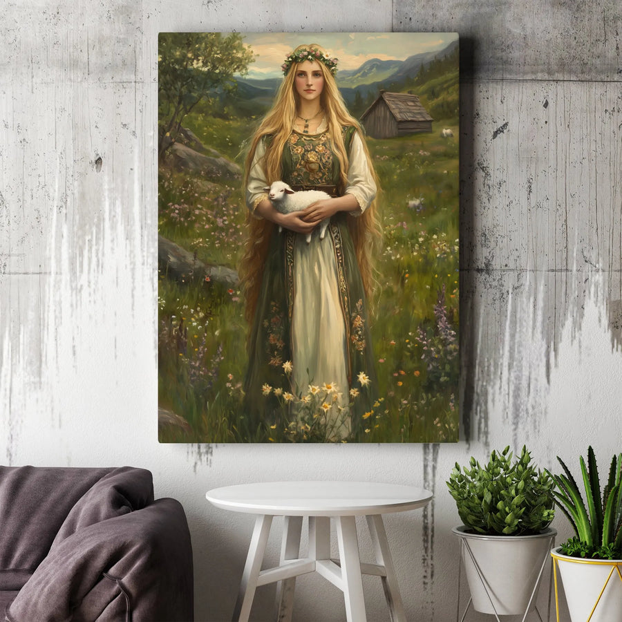 Cottagecore Maiden Canvas Print | Woman With Lamb in Meadow Wall Art | Premium Gallery-Wrapped 1.25" Profile | Aesthetic Pastoral Home Decor