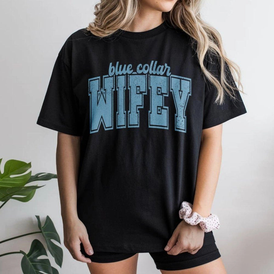 Blue Collar Wifey T-Shirt | Distressed Collegiate Text Design | Premium Soft Cotton Blend | Proud Construction Wife Gift Idea