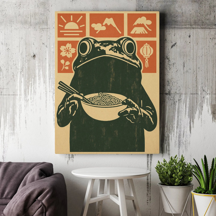 Japanese Frog Ramen Canvas Wall Art | Vintage Ukiyo-e Style Block Print | Premium Gallery Wrap Canvas | Unique Kitchen Decor Gift for Foodie